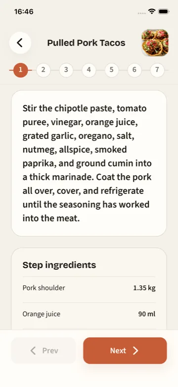 PrepWeek cook mode showing a focused recipe step and ingredients.