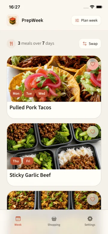 PrepWeek current dinner plan with recipes grouped across the week.