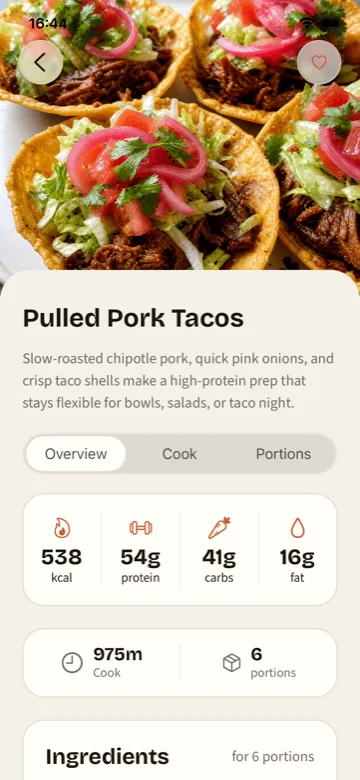 PrepWeek meal detail with recipe portions, ingredients, and cooking guidance.