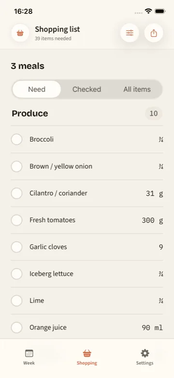 PrepWeek categorized shopping list generated from three planned meals.