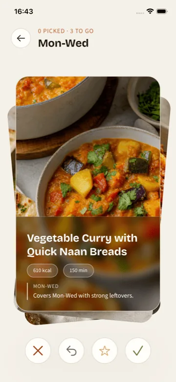 PrepWeek showing a swipeable dinner recipe for Monday through Wednesday.